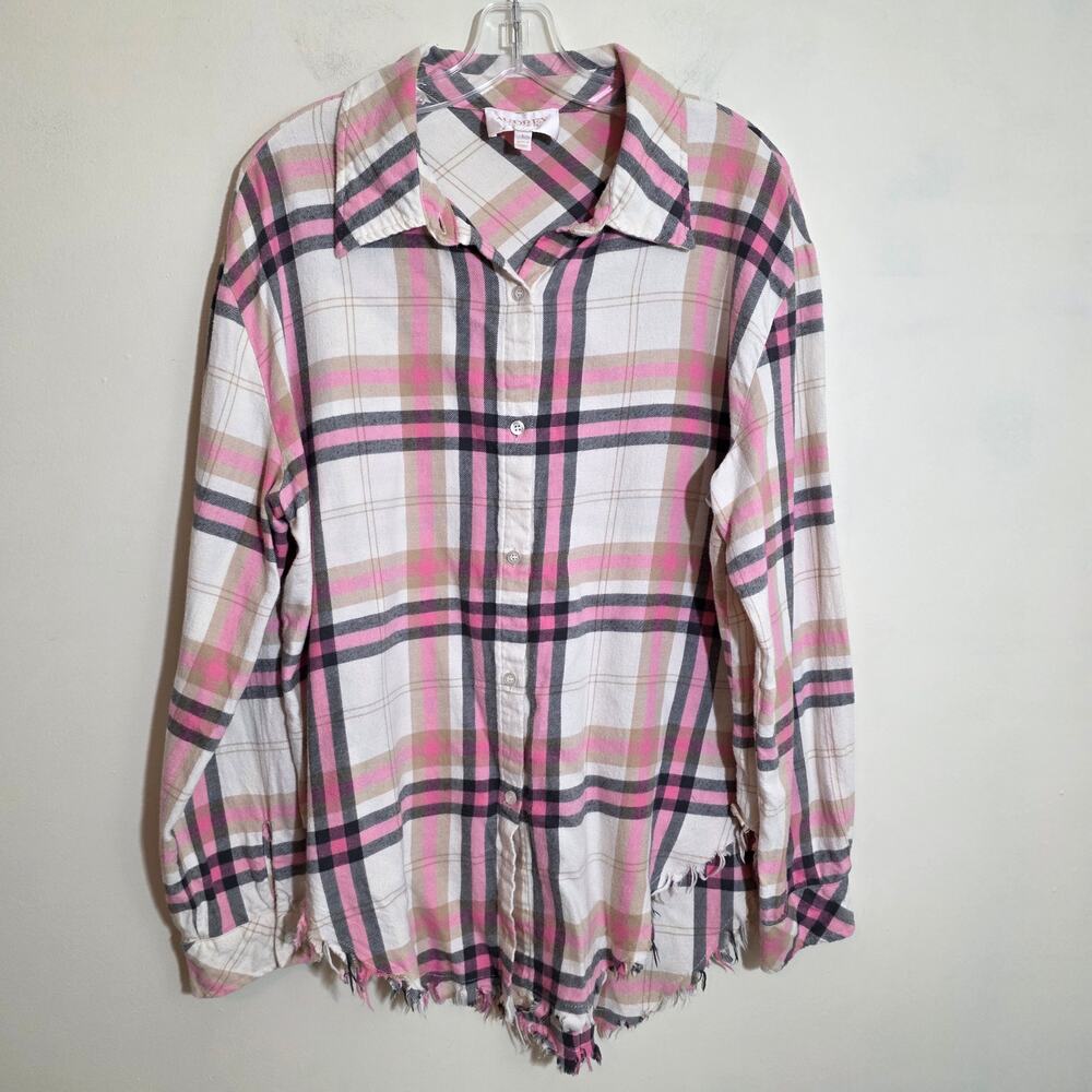 Audrey Parks X Francesca's pink plaid button up raw hem flannel shirt woman sz L